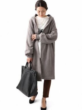 FRAMeWORK W/FOX Hooded Cardigan Taupe Brown Wool Fox Blend One Size Like New!